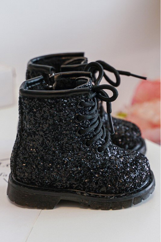 Bottes brillantes pour enfants, chauffées avec fermetures éclair, couleur noire Saussa