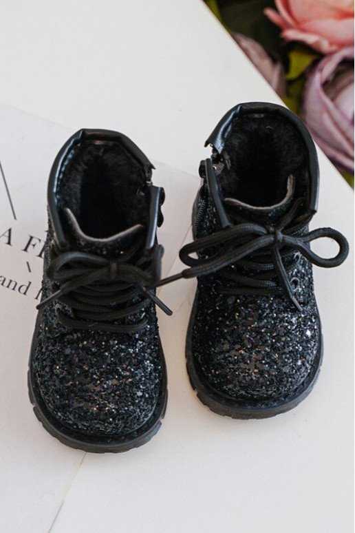 Bottes brillantes pour enfants, chauffées avec fermetures éclair, couleur noire Saussa