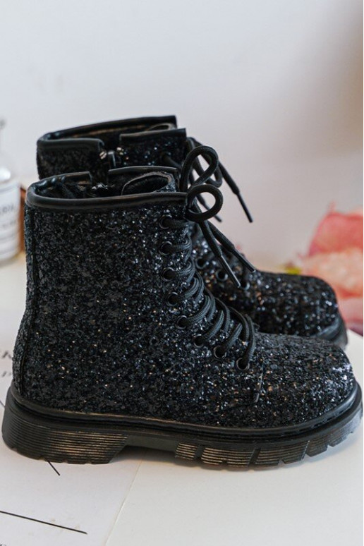 Bottes brillantes pour enfants, chauffées avec fermetures éclair, couleur noire Saussa