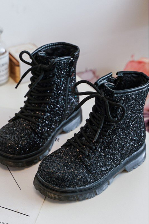Bottes brillantes pour enfants, chauffées avec fermetures éclair, couleur noire Saussa