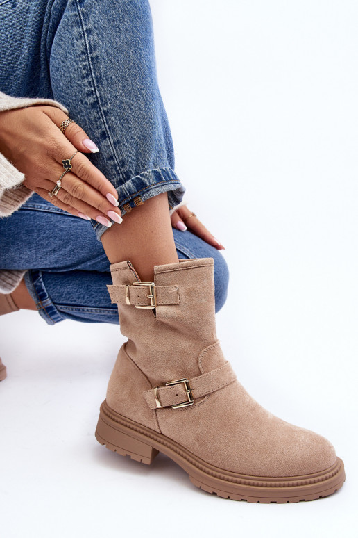 Bottines beiges Bliggore à talons larges et boucles pour femmes Bottines beiges Bliggore à talons larges et boucles pour femmes