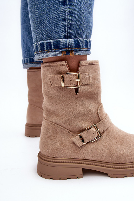 Bottines beiges Bliggore à talons larges et boucles pour femmes Bottines beiges Bliggore à talons larges et boucles pour femmes