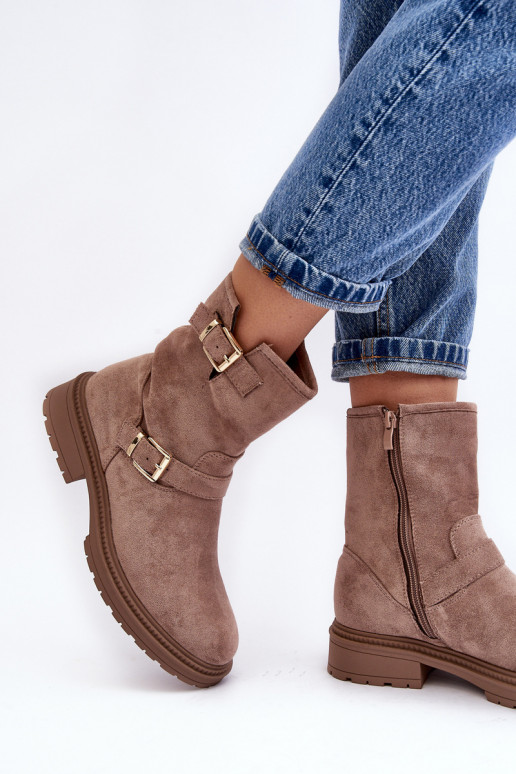 Bottines beiges Bliggore à talons larges et boucles pour femmes