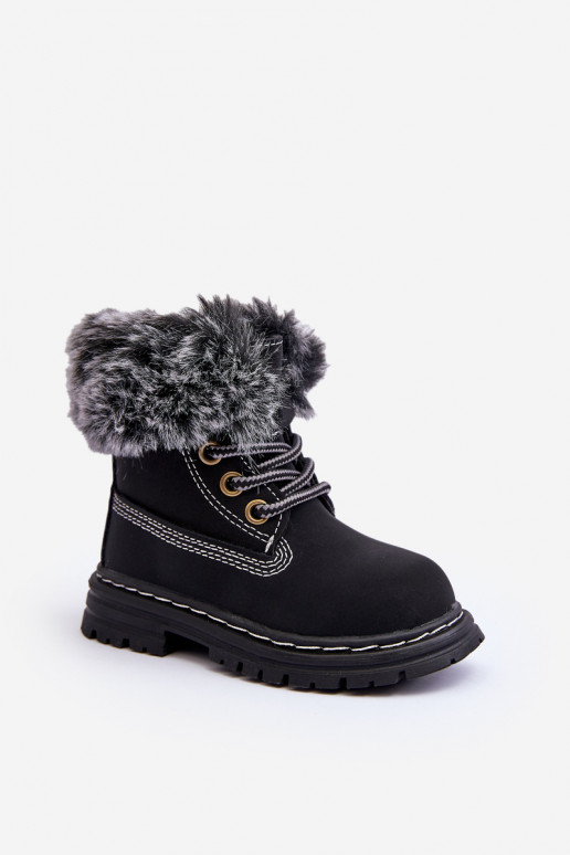 Bottines à lacets pour enfants avec fermetures éclair et fourrure en noir Gerande