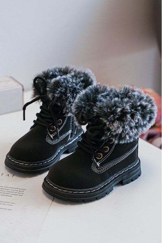 Bottines à lacets pour enfants avec fermetures éclair et fourrure en noir Gerande