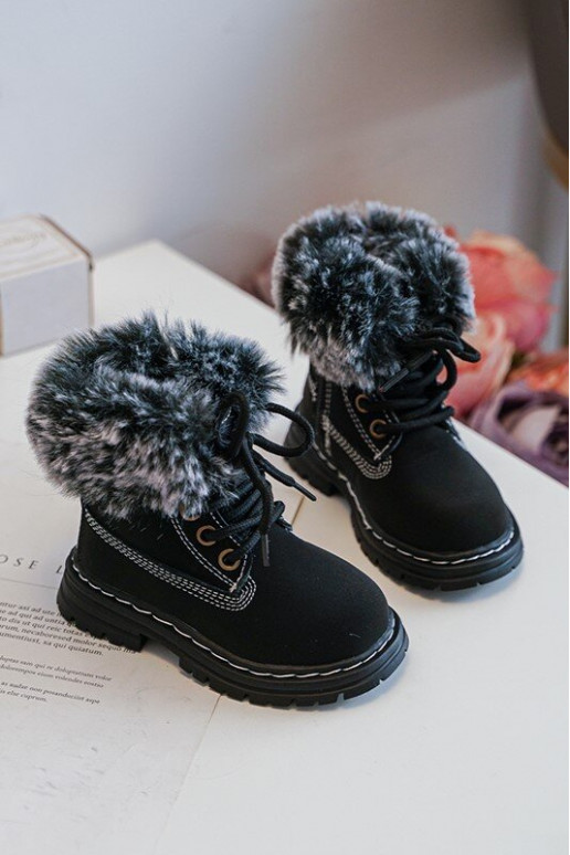 Bottines à lacets pour enfants avec fermetures éclair et fourrure en noir Gerande