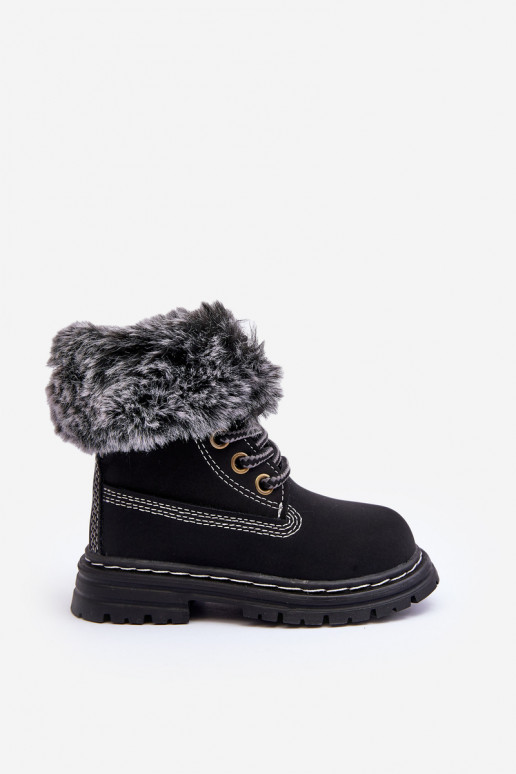 Bottines à lacets pour enfants avec fermetures éclair et fourrure en noir Gerande