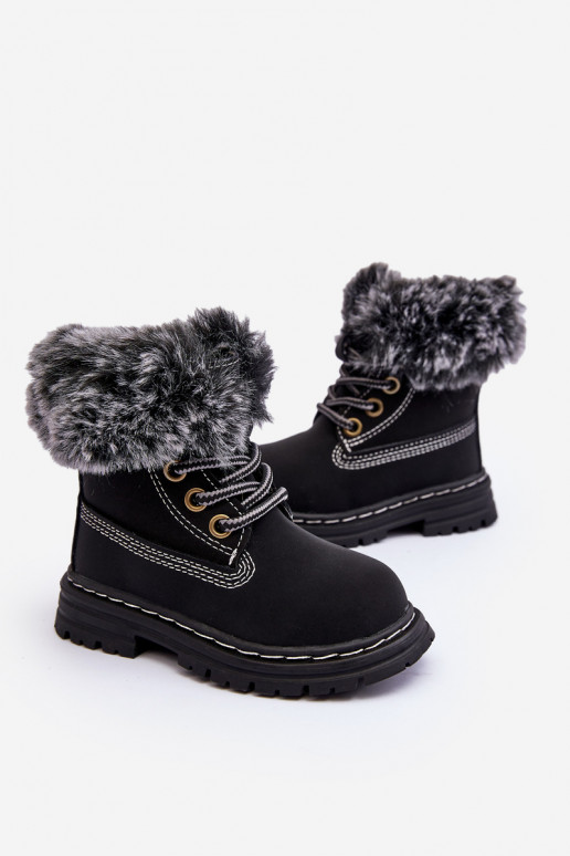 Bottines à lacets pour enfants avec fermetures éclair et fourrure en noir Gerande