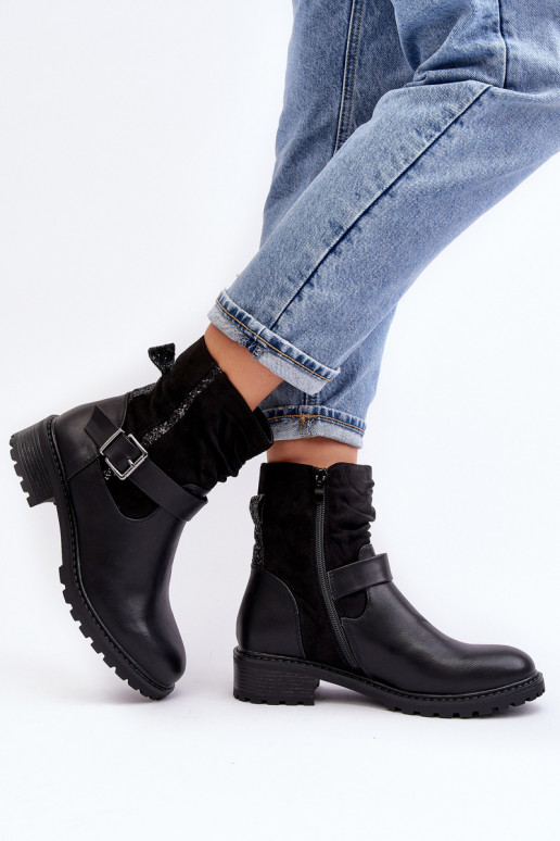 Bottines à talons larges avec boucles de couleur noire Cillolis Bottines à talons larges avec boucles de couleur noire Cillolis