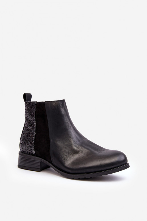 Stiefel mit weitem Absatz und glänzenden Schuppen in schwarzem Messio Stiefel mit weitem Absatz und glänzenden Schuppen in schwarzem Messio