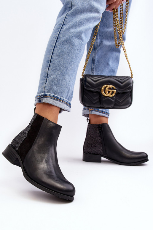 Laarzen met brede hakken met glanzende schubben in het zwart Messio Laarzen met brede hakken met glanzende schubben in het zwart Messio