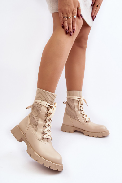 Elfenbeinfarbene Gentiana-Stiefeletten mit Schnürsenkeln