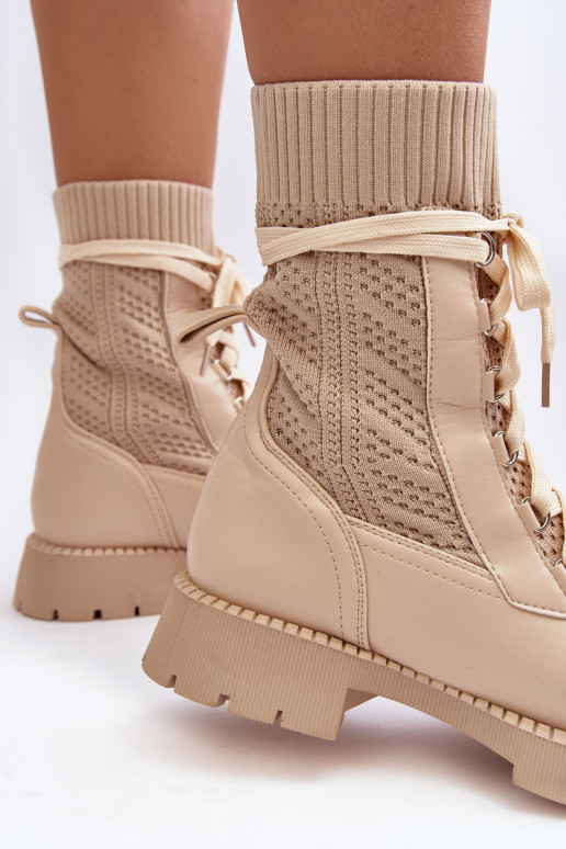 Elfenbeinfarbene Gentiana-Stiefeletten mit Schnürsenkeln