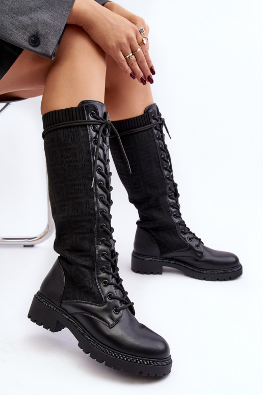 Damen-Schnürstiefeletten mit elastischem Obermaterial aus schwarzem Virxinia