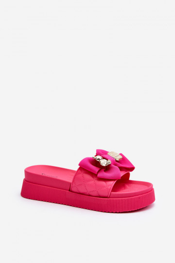 Damespantoffels met strik en beer fuchsia Katterina