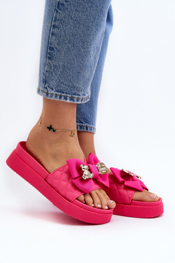 Damespantoffels met strik en beer fuchsia Katterina 2