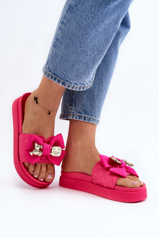 Damenhausschuhe mit Schleife und Bär in Fuchsia von Katterina