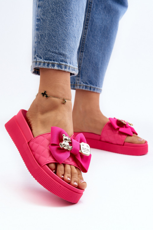 Damenhausschuhe mit Schleife und Bär in Fuchsia von Katterina