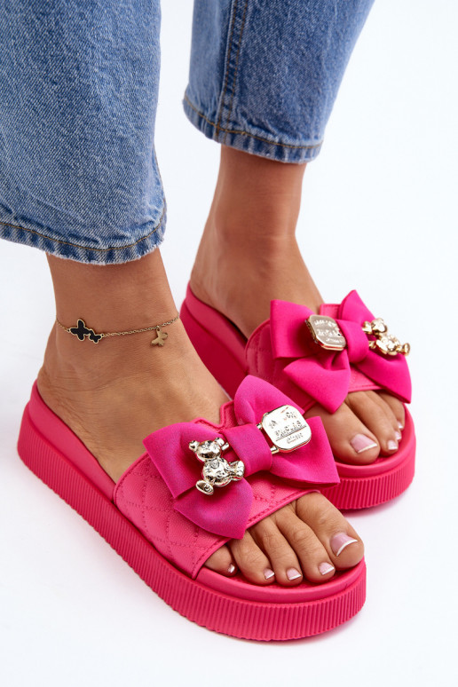 Chaussons femme avec nœud et ours fuchsia Katterina