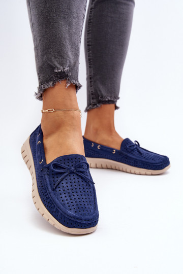 Damesmocassins met linten in marineblauw Reece 2