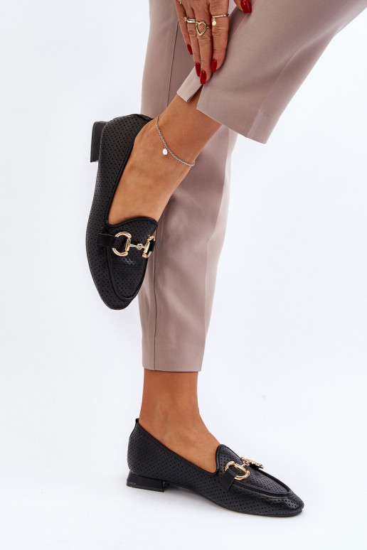 Damen-Mokassins mit weitem Absatz und Ornamenten in Schwarz Iluvana