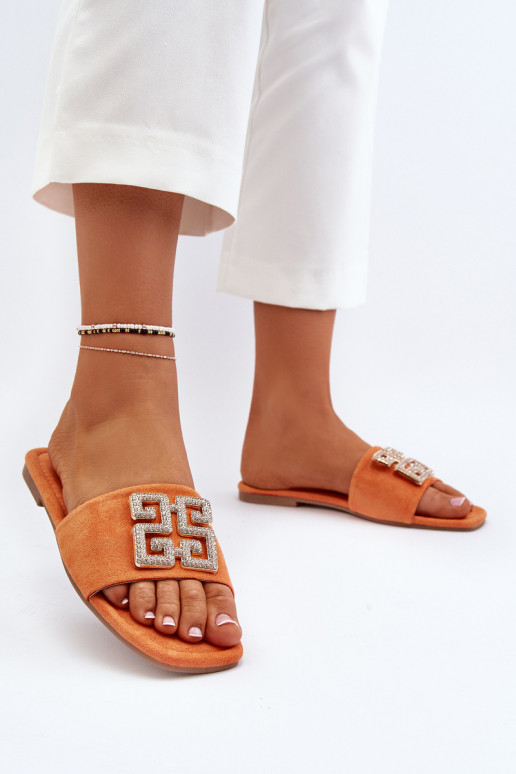 Chaussons pour femmes à talons larges avec ornements de couleur orange Inaile
