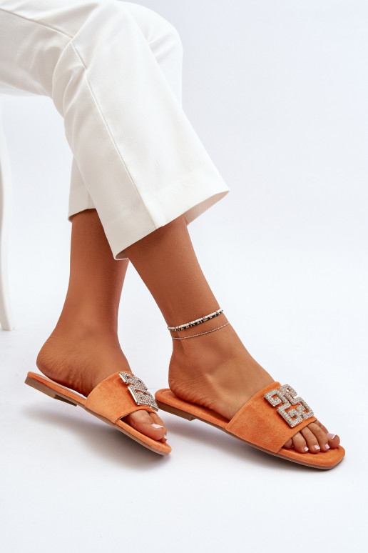 Chaussons pour femmes à talons larges avec ornements de couleur orange Inaile
