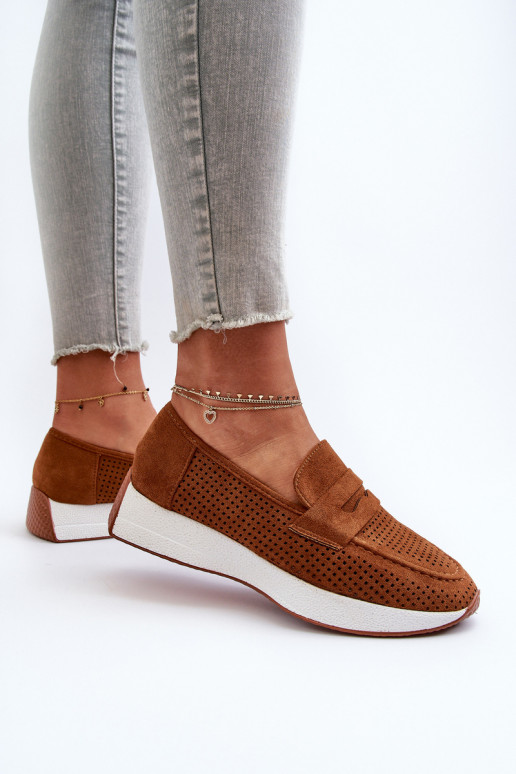 Mocassins pour femmes à semelle plaquée or en éco-daim de couleur marron Inesqua