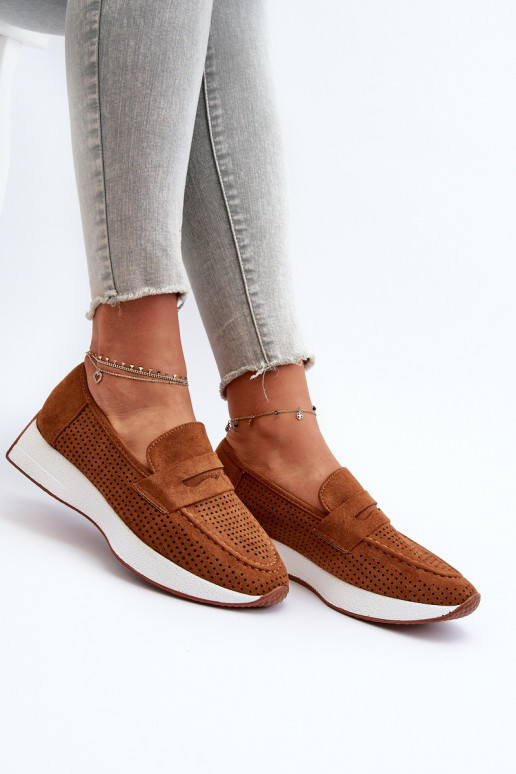 Mocassins pour femmes à semelle plaquée or en éco-daim de couleur marron Inesqua Mocassins pour femmes à semelle plaquée or en éco-daim de couleur marron Inesqua
