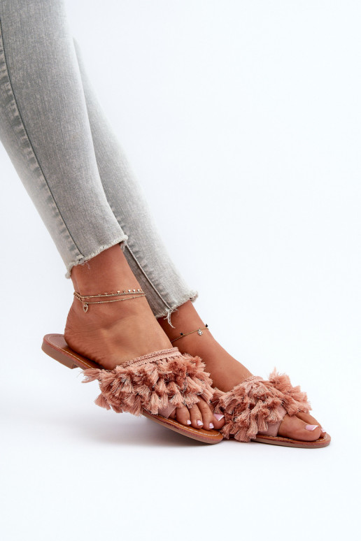 pieds plats Chaussons femme à franges rose Rialle pieds plats Chaussons femme à franges rose Rialle