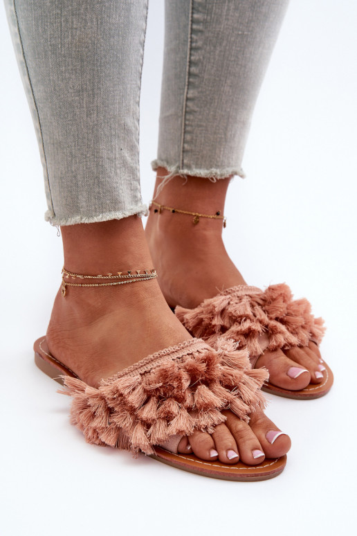 pieds plats Chaussons femme à franges rose Rialle pieds plats Chaussons femme à franges rose Rialle