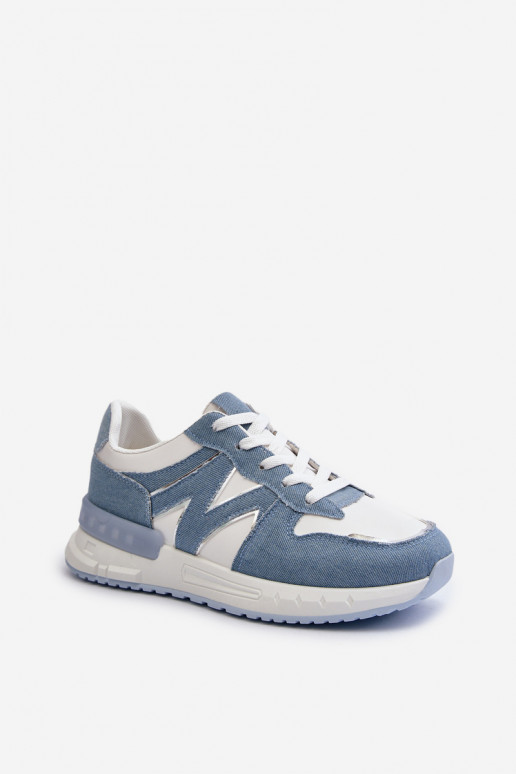 Jeans-Material, Sneakers-Modell, Schuhe aus Öko-Leder, blaue Farbe, Kaimans