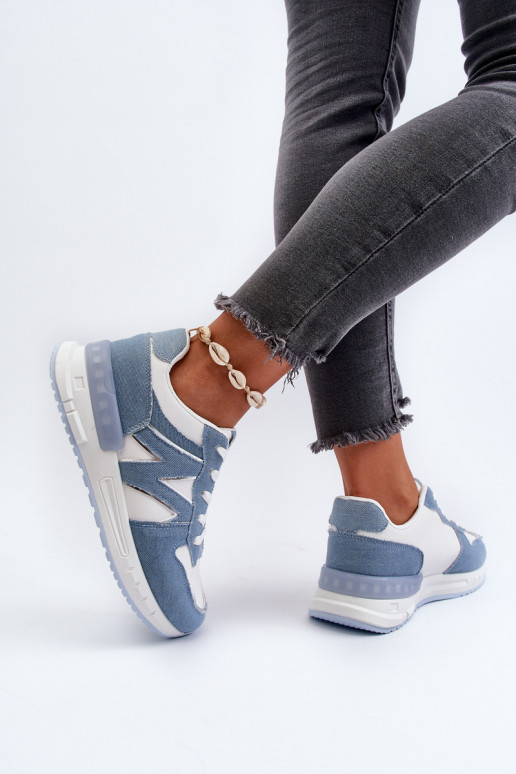 Jeans-Material, Sneakers-Modell, Schuhe aus Öko-Leder, blaue Farbe, Kaimans