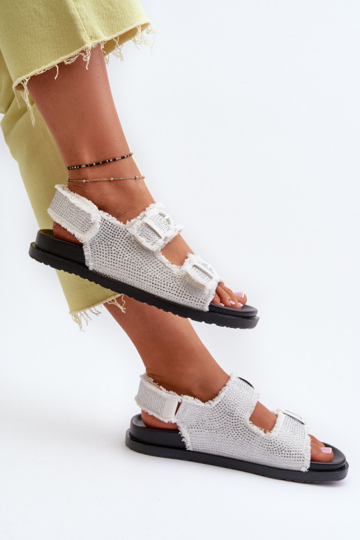 Matière denim Sandales pour femmes décorées couleur blanc Irmale Matière denim Sandales pour femmes décorées couleur blanc Irmale