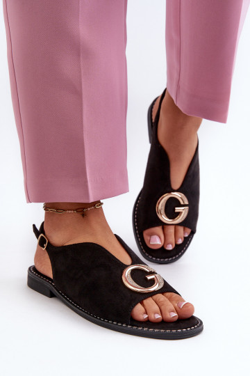 Elegante stijl Damessandalen met ornamenten gemaakt van eco suède S.Barski KV27-058 zwarte kleur