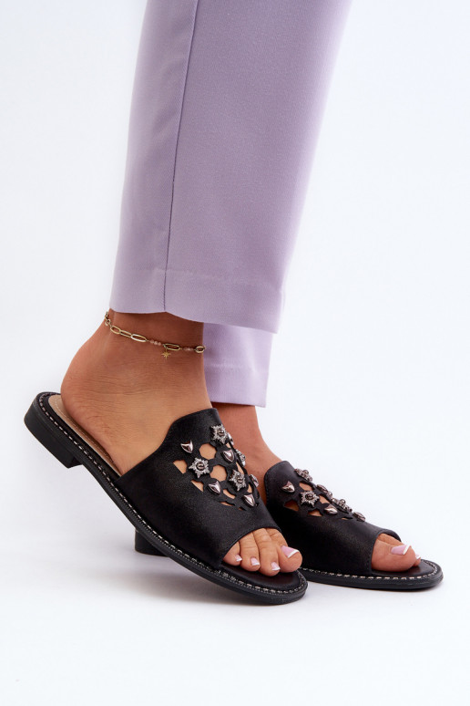 mit Glanz Damensandalen mit schönen Details S.Barski KV27-063 schwarze Farbe