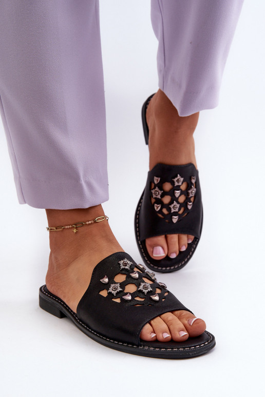 avec brillance Sandales pour femmes avec de beaux détails S.Barski KV27-063 couleur noir