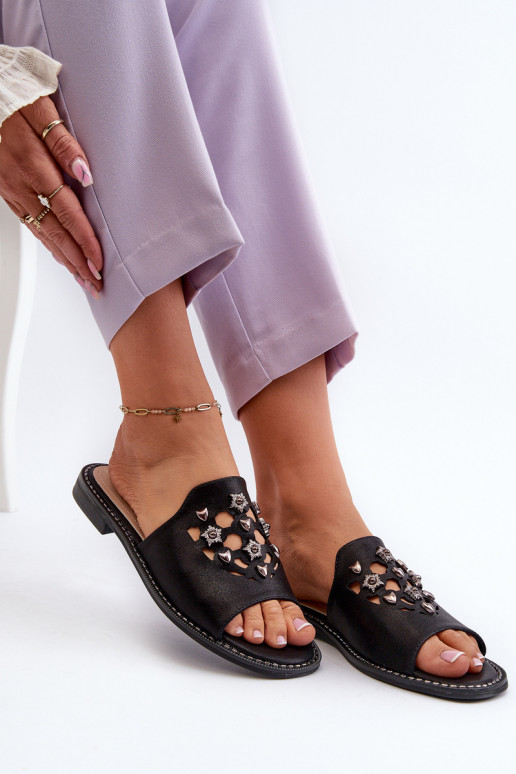 avec brillance Sandales pour femmes avec de beaux détails S.Barski KV27-063 couleur noir