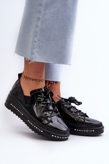 Veterschoenen met platform natuurlijk leer S.Barski LR620 zwarte kleur