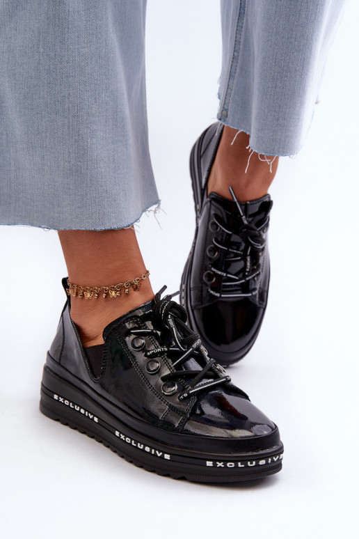 Schnürschuhe mit Plateau Naturleder S.Barski LR620 schwarze Farbe