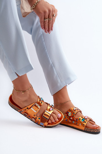 Versierde damesslippers met gespen S.Barski MY121 oranje kleur 2