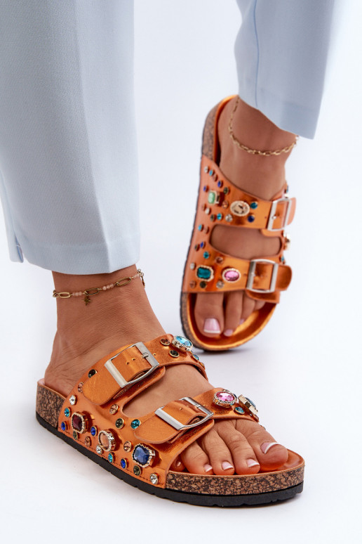 Verzierte Damenhausschuhe mit Schnallen S.Barski MY121 orange Farbe