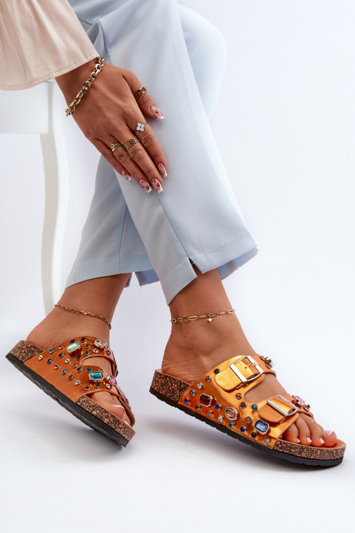 Versierde damesslippers met gespen S.Barski MY121 oranje kleur