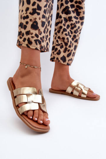 Damen-Flip-Flops mit flacher Sohle aus Öko-Leder in Goldfarbe Risamay