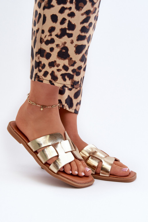 Damen-Flip-Flops mit flacher Sohle aus Öko-Leder in Goldfarbe Risamay Damen-Flip-Flops mit flacher Sohle aus Öko-Leder in Goldfarbe Risamay