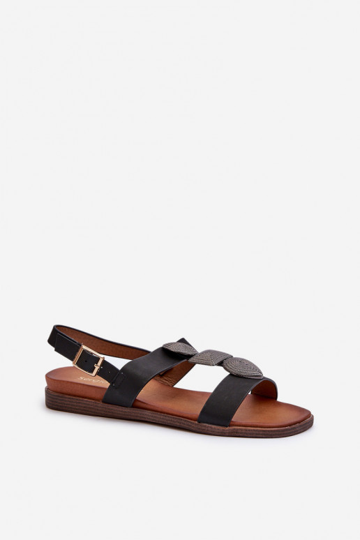 Flache Sandalen für Damen mit schönen Details Sergio Leone SK072H schwarze Farbe