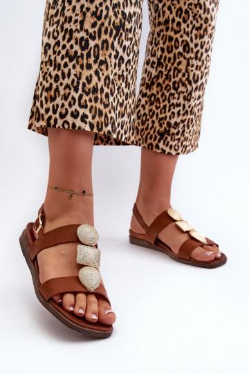 Flache Sandalen für Damen mit schönen Details Sergio Leone SK072H braune Farbe