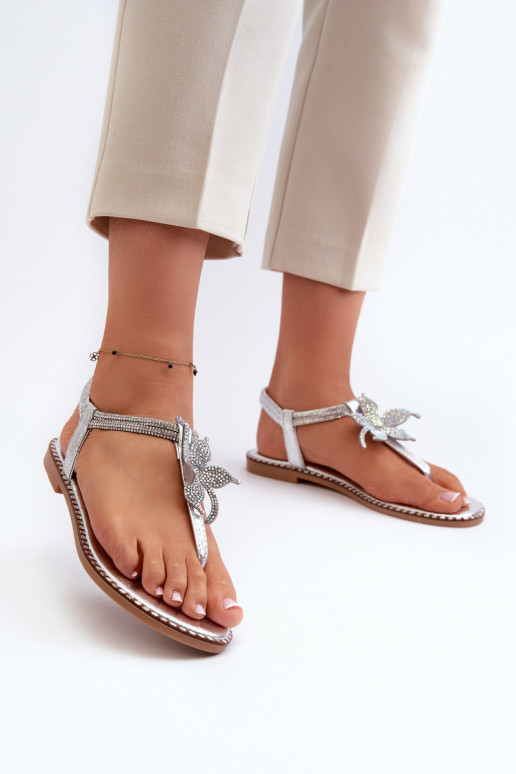 Flache Sandalen für Damen mit Blumen in der Farbe Silber von Edoni