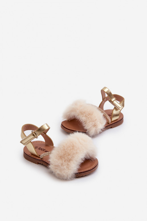 Sandales pour enfants avec attaches adhésives avec fourrure, couleur or Rosavere