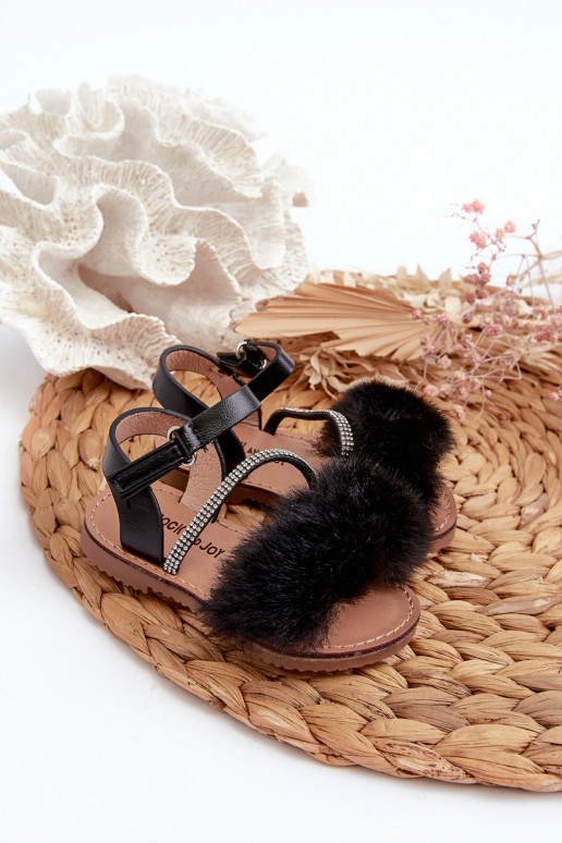 Sandalen Kinder mit Klebeverschlüssen mit Fell schwarz Farbe Rosavere Sandalen Kinder mit Klebeverschlüssen mit Fell schwarz Farbe Rosavere